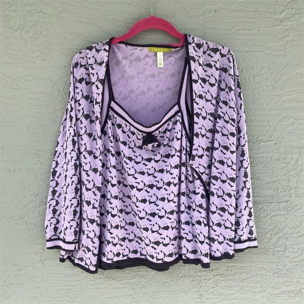 Sigrid Olsen Women's Purple Floral 2-Piece Cardigan & Tank Set M